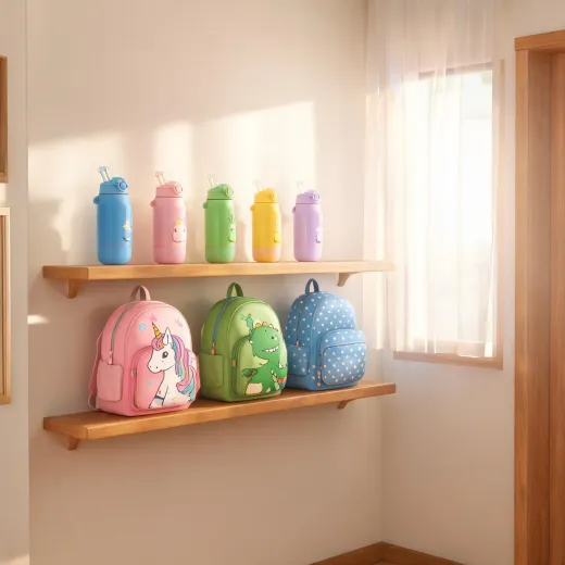 Kids bottles on school shelf