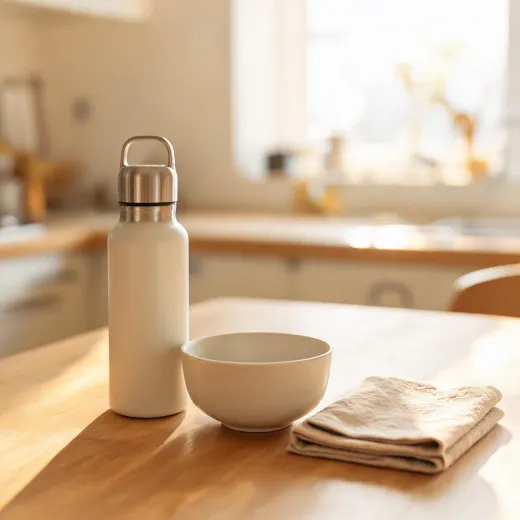 Bottle beside a lunch bowl
