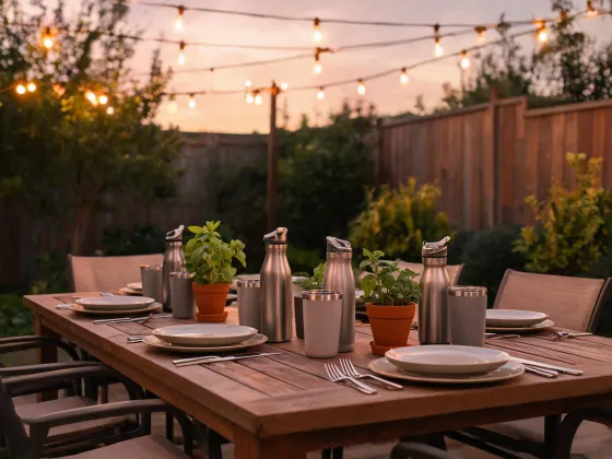 Outdoor living table with bottles and tumblers