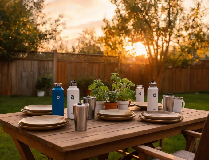 Outdoor table with tumblers and bottles